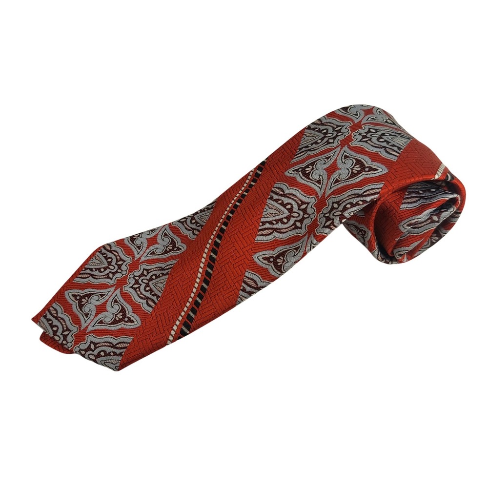 Haband Como‎ Italy Necktie Woven Red Grey Pattern Silk Polyester Men's